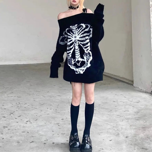 'Flower Bone' Dark Pattern Shoulder Off Oversized Sweater AlielNosirrah
