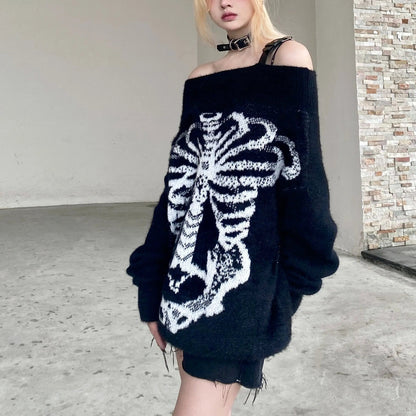 'Flower Bone' Dark Pattern Shoulder Off Oversized Sweater AlielNosirrah