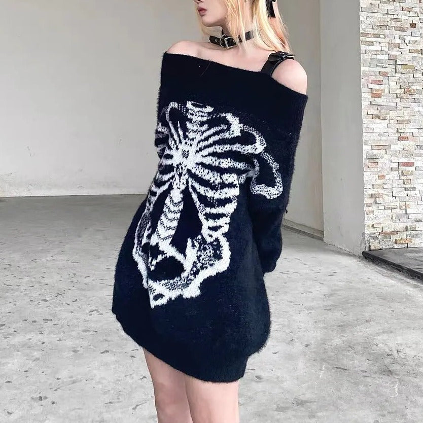 'Flower Bone' Dark Pattern Shoulder Off Oversized Sweater AlielNosirrah