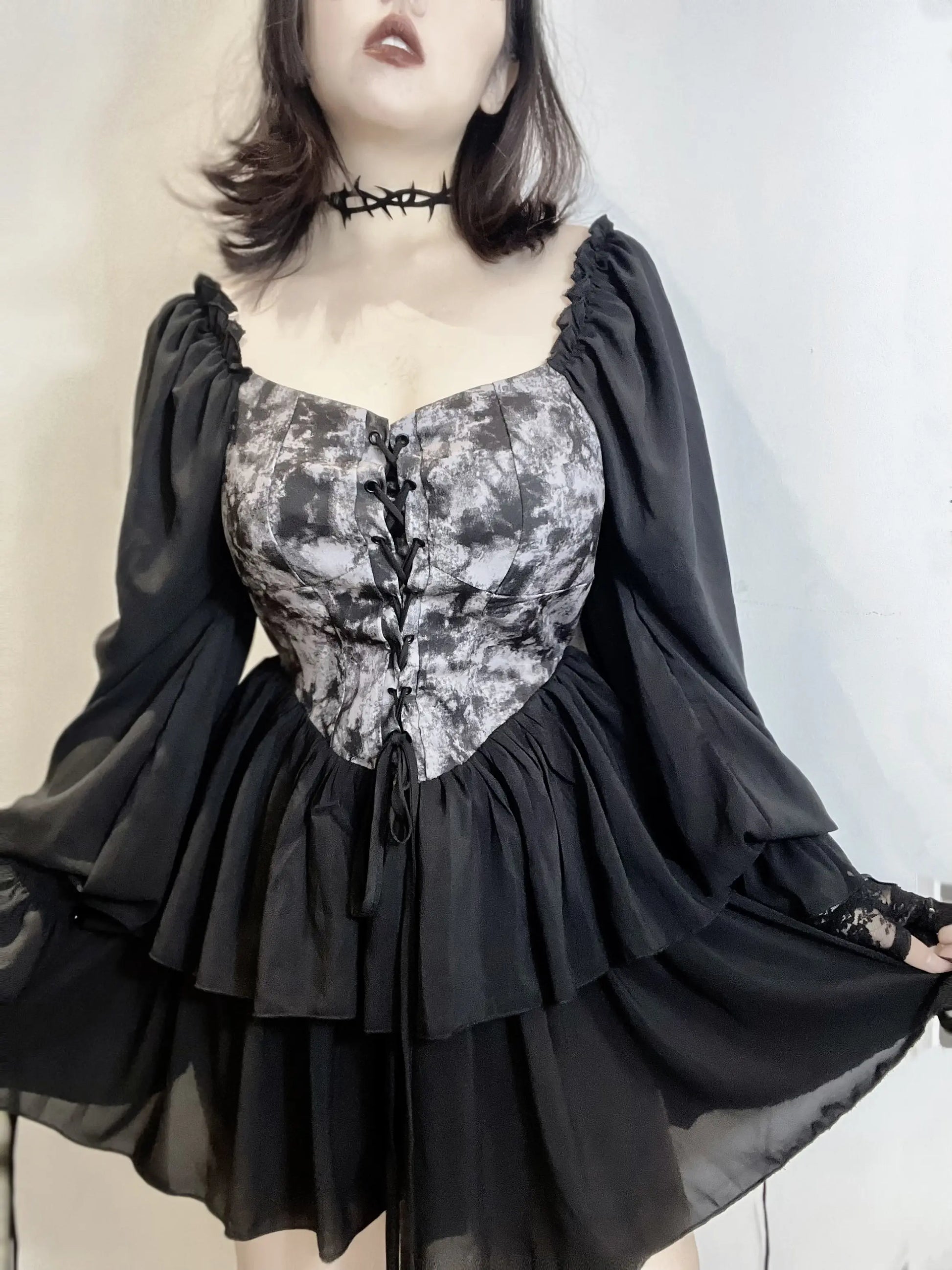 'Into the Black' Goth Chiffon Tie Dye Corset Dress AlielNosirrah
