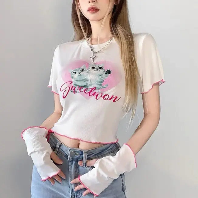 'Kitten' E-girl Cat Pattern Short Sleeves Top - AlielNosirrah