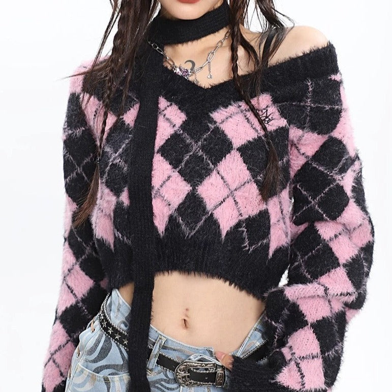 'Macaroon' Lozenge Black & Pink Color Contrast Sweater AlielNosirrah