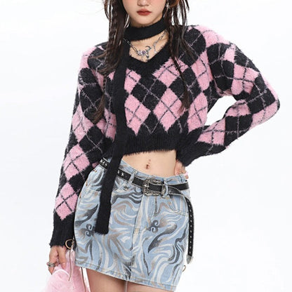 'Macaroon' Lozenge Black & Pink Color Contrast Sweater AlielNosirrah