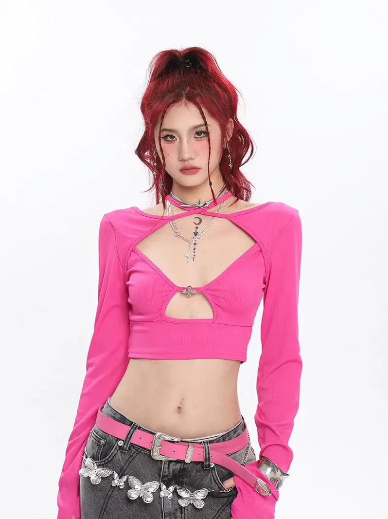 'Momo' Hot Pink Cut Out Long Sleeves Top AlielNosirrah