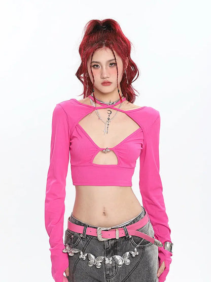 'Momo' Hot Pink Cut Out Long Sleeves Top AlielNosirrah