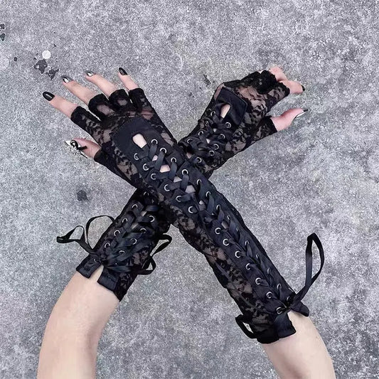 'Moonlight' Lace Strap Mesh Goth Gloves