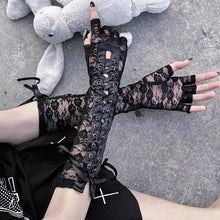 Load image into Gallery viewer, &#39;Moonlight&#39; Lace Strap Mesh Goth Gloves
