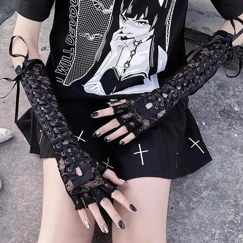 'Moonlight' Lace Strap Mesh Goth Gloves