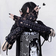 Load image into Gallery viewer, &#39;Moonlight&#39; Lace Strap Mesh Goth Gloves
