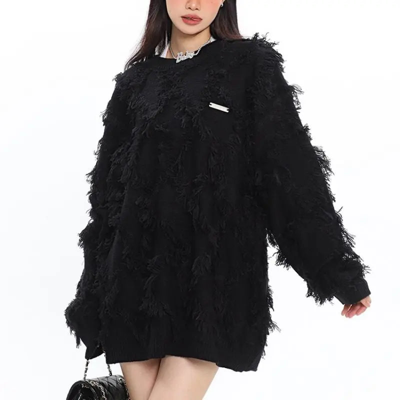 'Nariele' fringed crew neck solid sweater AlielNosirrah