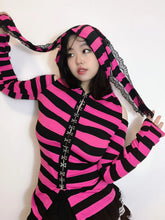 Load image into Gallery viewer, &#39;Neon Rabbit&#39; Kawaii Goth Pink Striped Rabbit Ear Top AlielNosirrah
