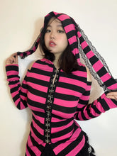 Load image into Gallery viewer, &#39;Neon Rabbit&#39; Kawaii Goth Pink Striped Rabbit Ear Top AlielNosirrah
