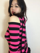 Load image into Gallery viewer, &#39;Neon Rabbit&#39; Kawaii Goth Pink Striped Rabbit Ear Top AlielNosirrah
