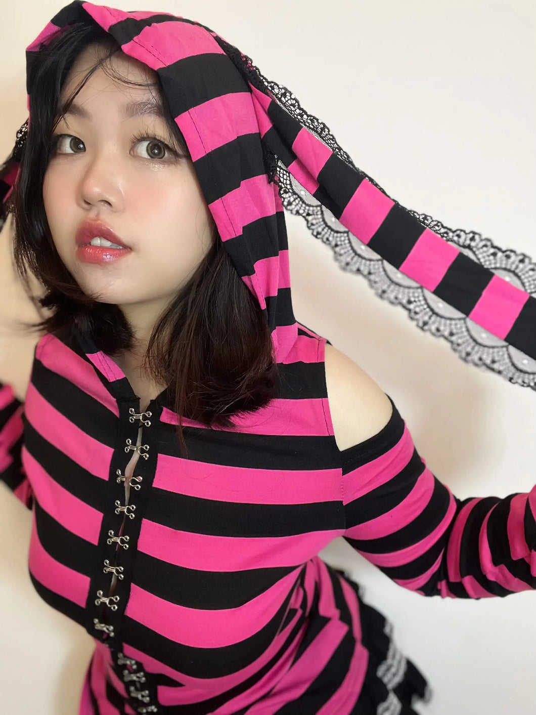 'Neon Rabbit' Kawaii Goth Pink Striped Rabbit Ear Top AlielNosirrah