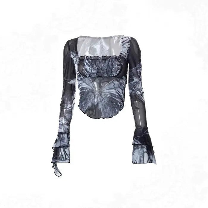 'Nightmare' Butterfly Goth Dark Print Mesh Top AlielNosirrah