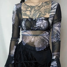 Load image into Gallery viewer, &#39;Nightmare&#39; Butterfly Goth Dark Print Mesh Top AlielNosirrah
