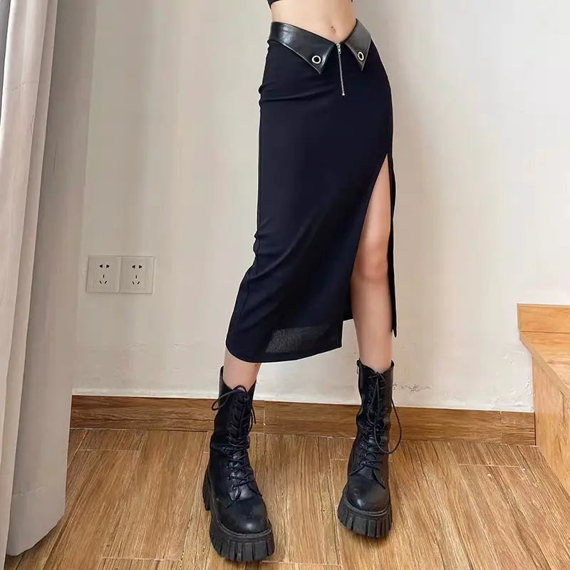 'Outrageous' Lapel Pu Leather Midi Skirt AlielNosirrah