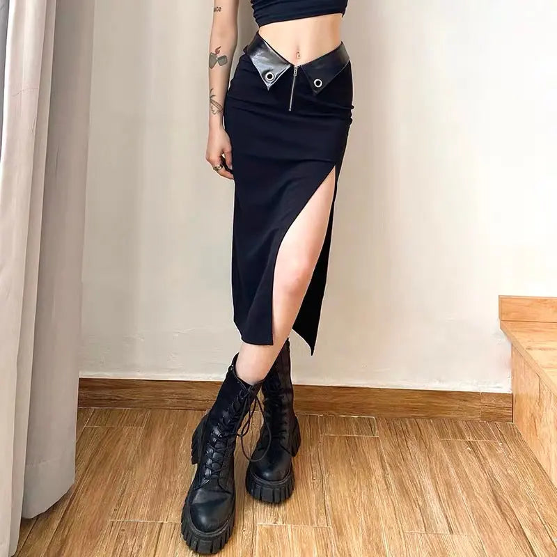 'Outrageous' Lapel Pu Leather Midi Skirt AlielNosirrah
