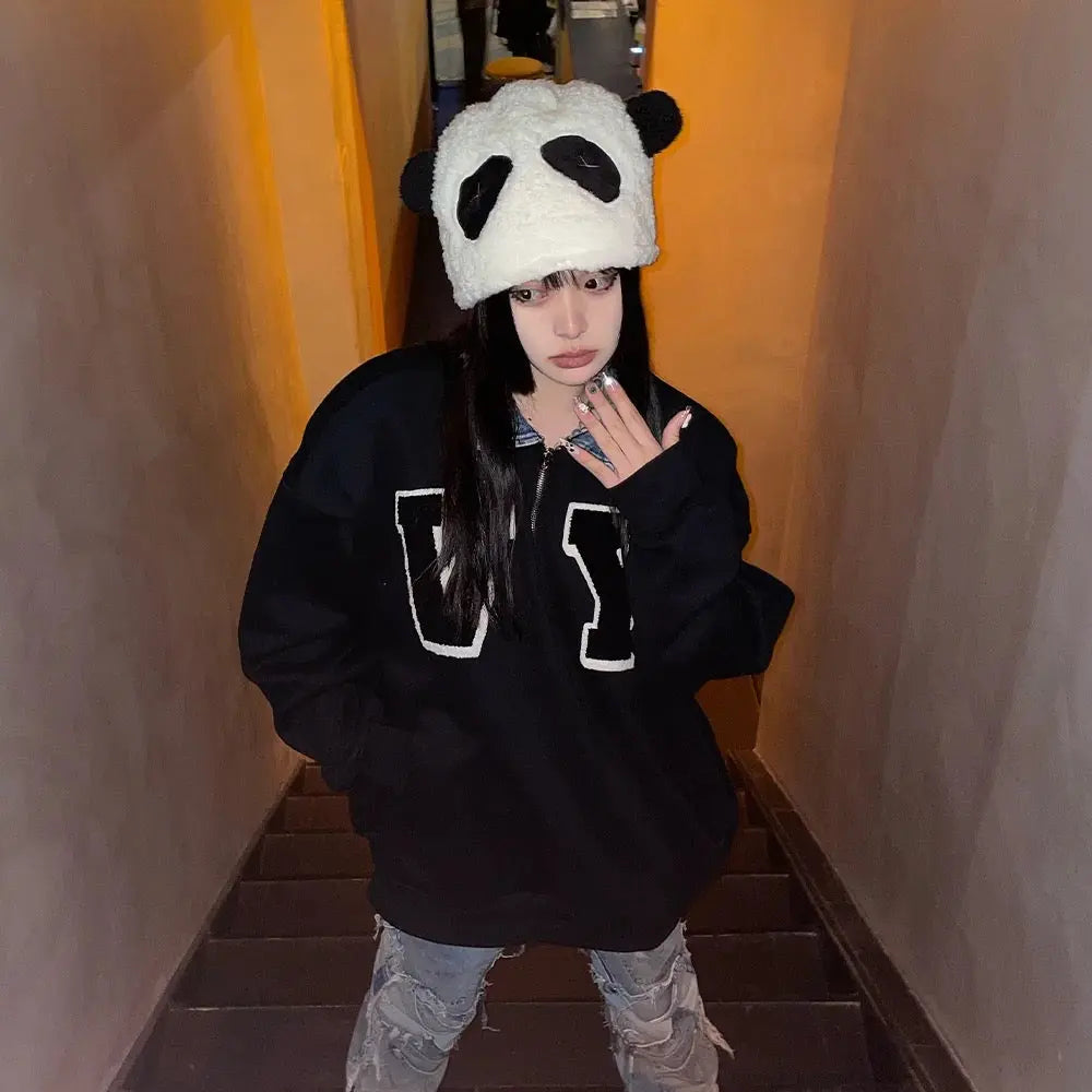 'Panda' Kawaii Black and White Fluffy Hat AlielNosirrah