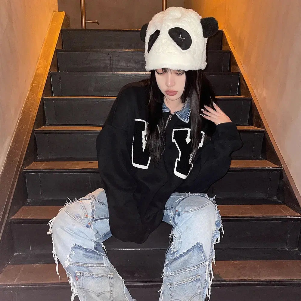 'Panda' Kawaii Black and White Fluffy Hat AlielNosirrah
