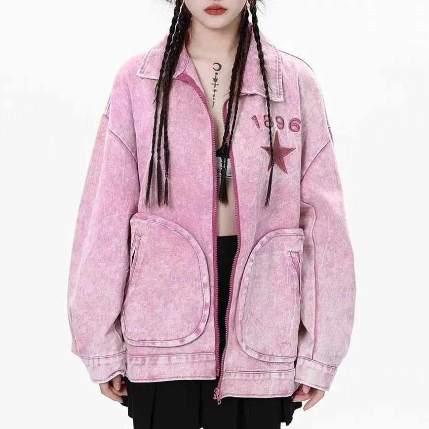 'Pink Star' Denim Pockets Oversized Jacket AlielNosirrah