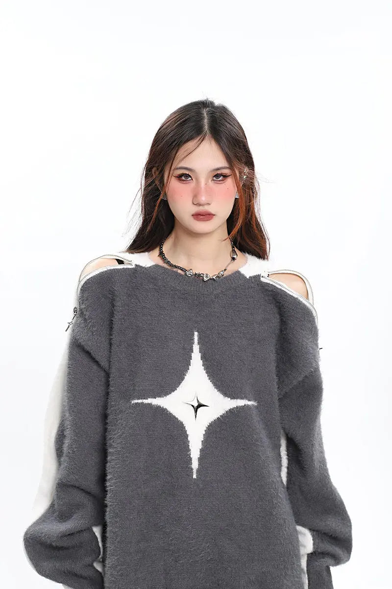 'Polaris' Star Hollow Out Zip Up Sweater AlielNosirrah