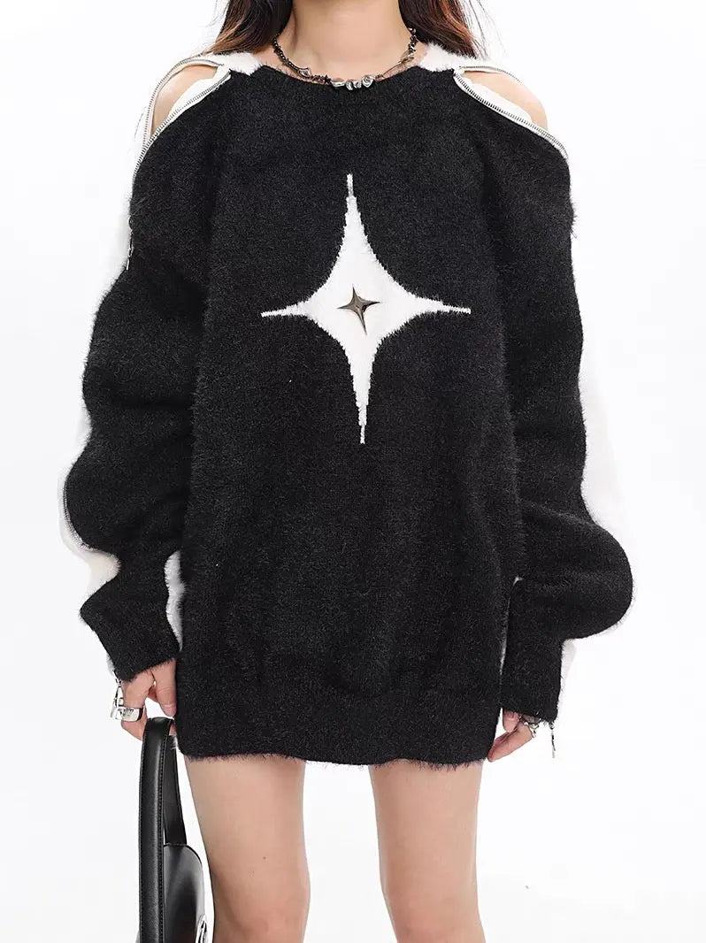 'Polaris' Star Hollow Out Zip Up Sweater AlielNosirrah