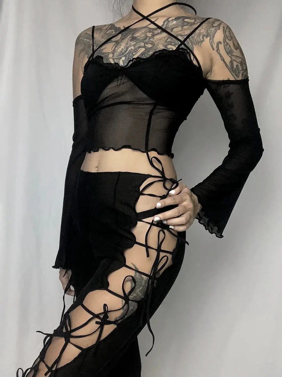'Puzzle' Goth Lace-Up Stretchy Top AlielNosirrah