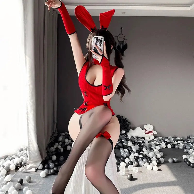 'Red Bunny' Kawaii Hollow-Out Backless Bodysuit AlielNosirrah