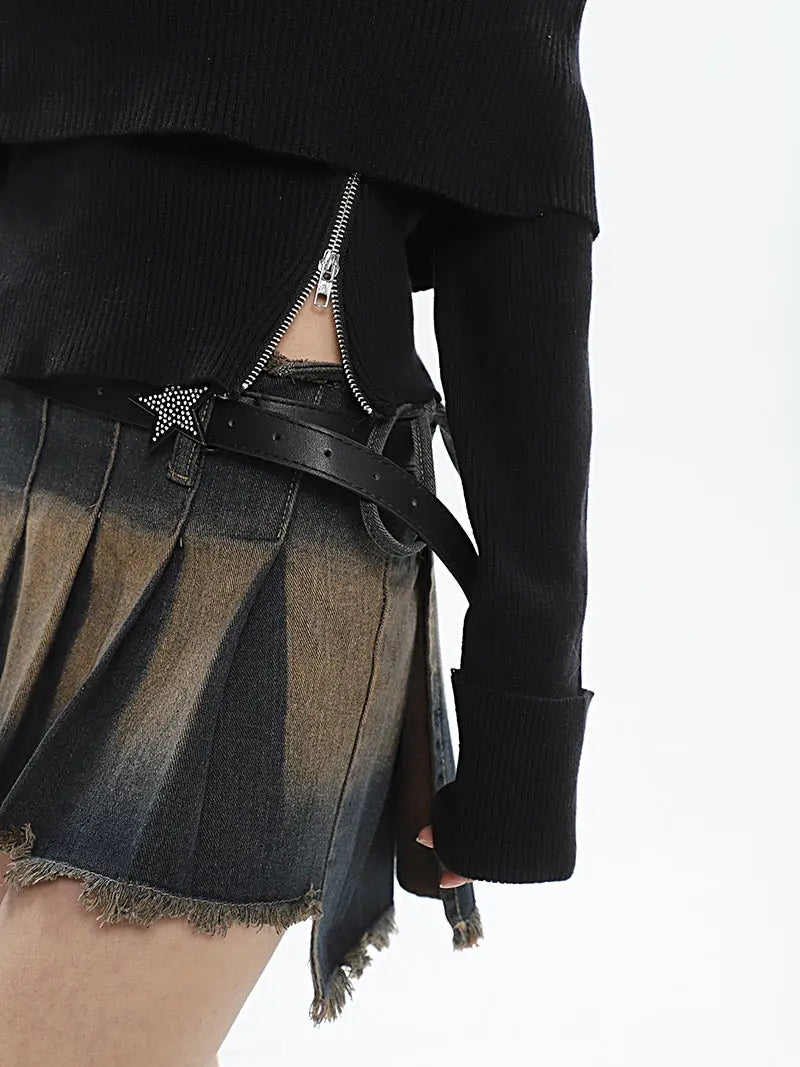 'Rust' Grunge Pleated Distressed Star Belt Skirt AlielNosirrah