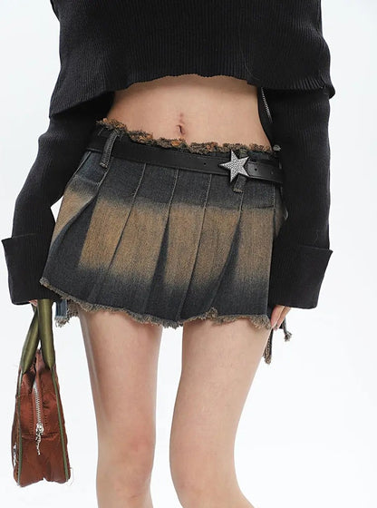 'Rust' Grunge Pleated Distressed Star Belt Skirt AlielNosirrah