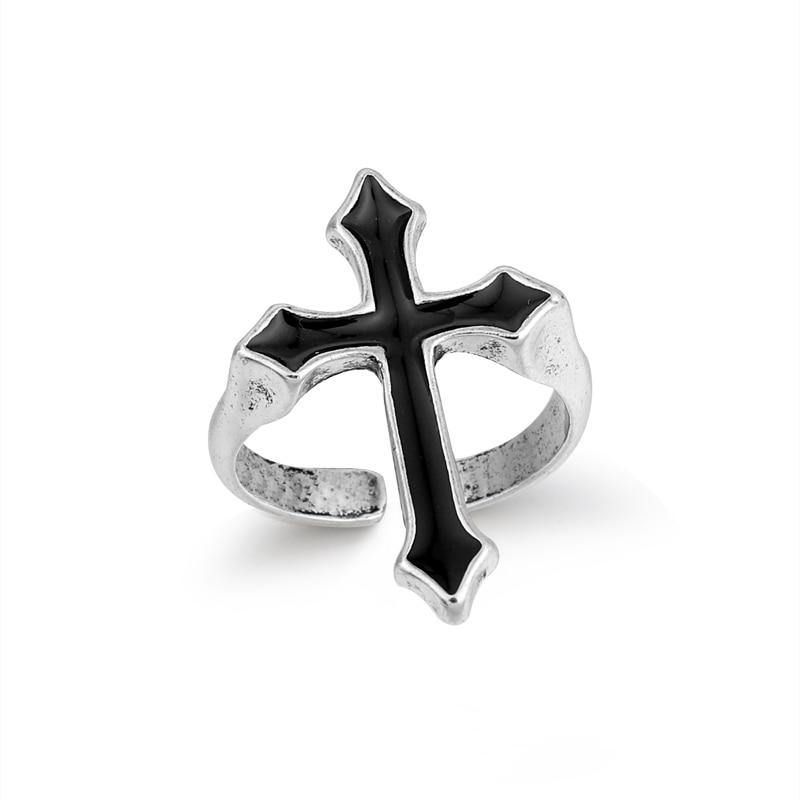 'Sanity' Vintage Black Cross Open Ring - AlielNosirrah