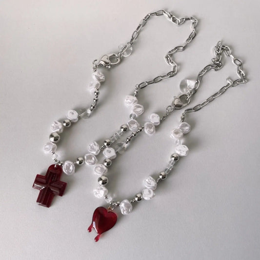 Savior' Cross and Heart Pear Beads Necklace AlielNosirrah