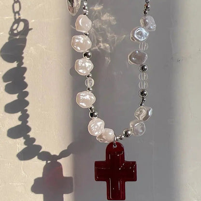 Savior' Cross and Heart Pear Beads Necklace AlielNosirrah