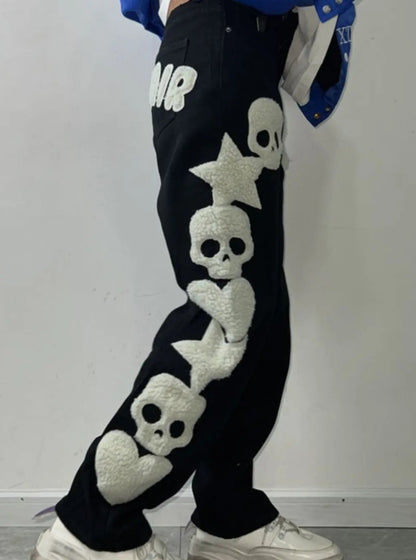 'Skull Stars' Kawaii Goth Fleeced Pattern Jeans AlielNosirrah