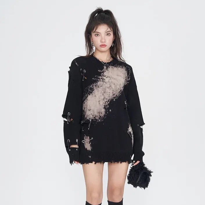 Smoky Eyes' Splashed Grunge Pins Ripped Sweater AlielNosirrah