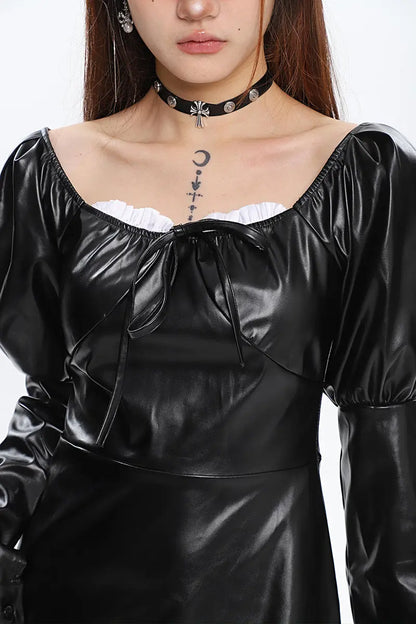 'Spell' Goth Patchwork Pu Leather Puff Sleeves Dress AlielNosirrah
