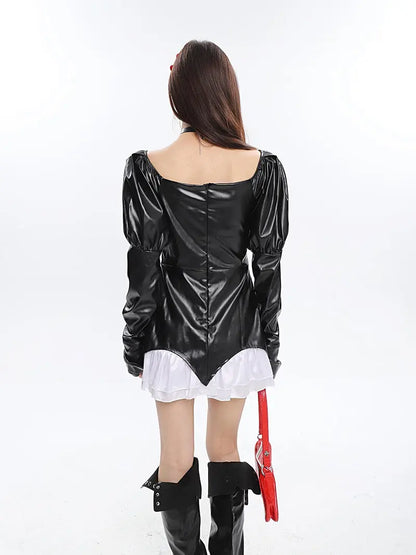 'Spell' Goth Patchwork Pu Leather Puff Sleeves Dress AlielNosirrah