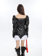Load image into Gallery viewer, &#39;Spell&#39; Goth Patchwork Pu Leather Puff Sleeves Dress AlielNosirrah
