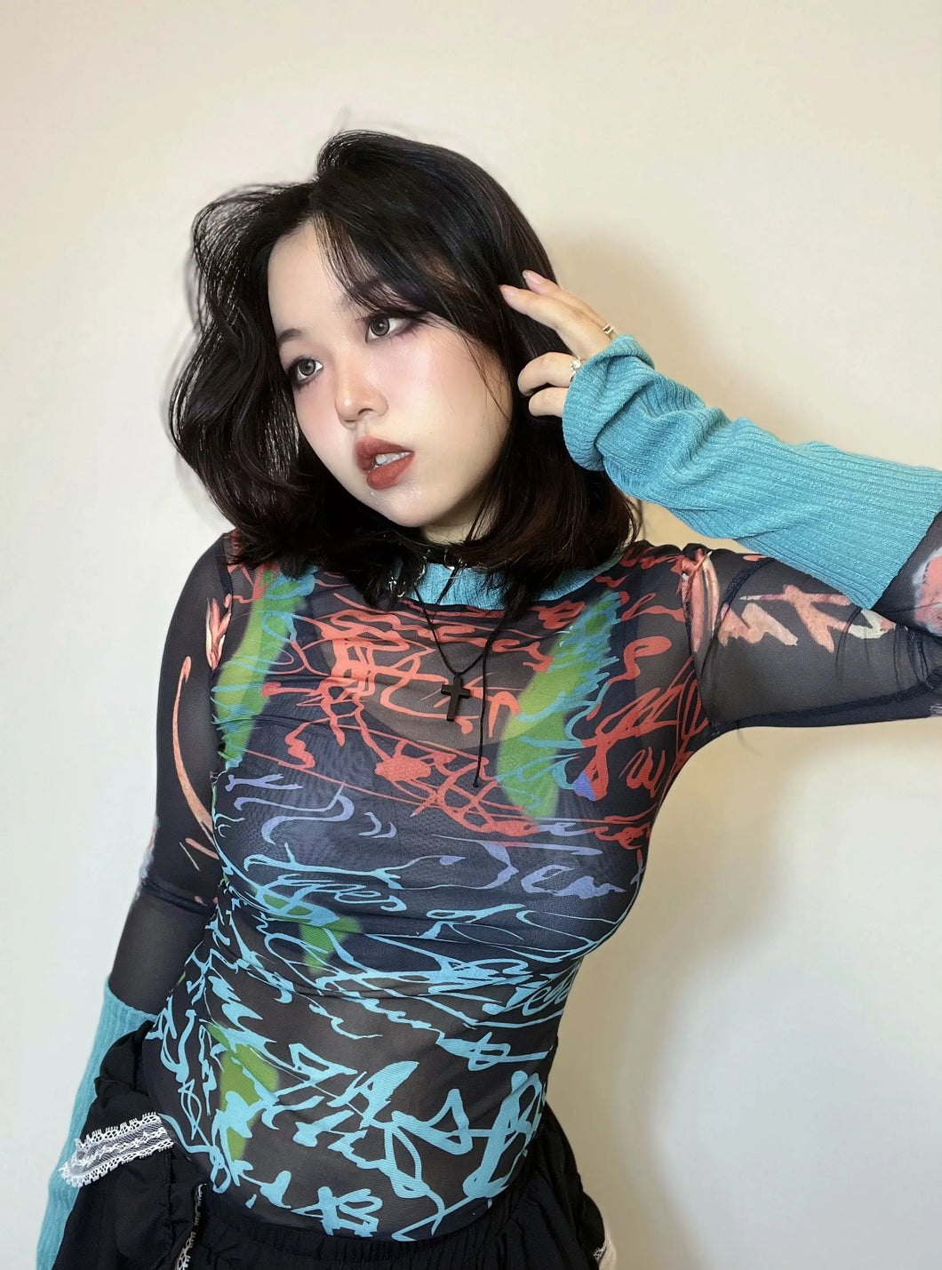 'Windy Summer' Y2k Patchwork Sleeves Graffiti Mesh Top AlielNosirrah
