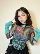 Load image into Gallery viewer, &#39;Windy Summer&#39; Y2k Patchwork Sleeves Graffiti Mesh Top AlielNosirrah
