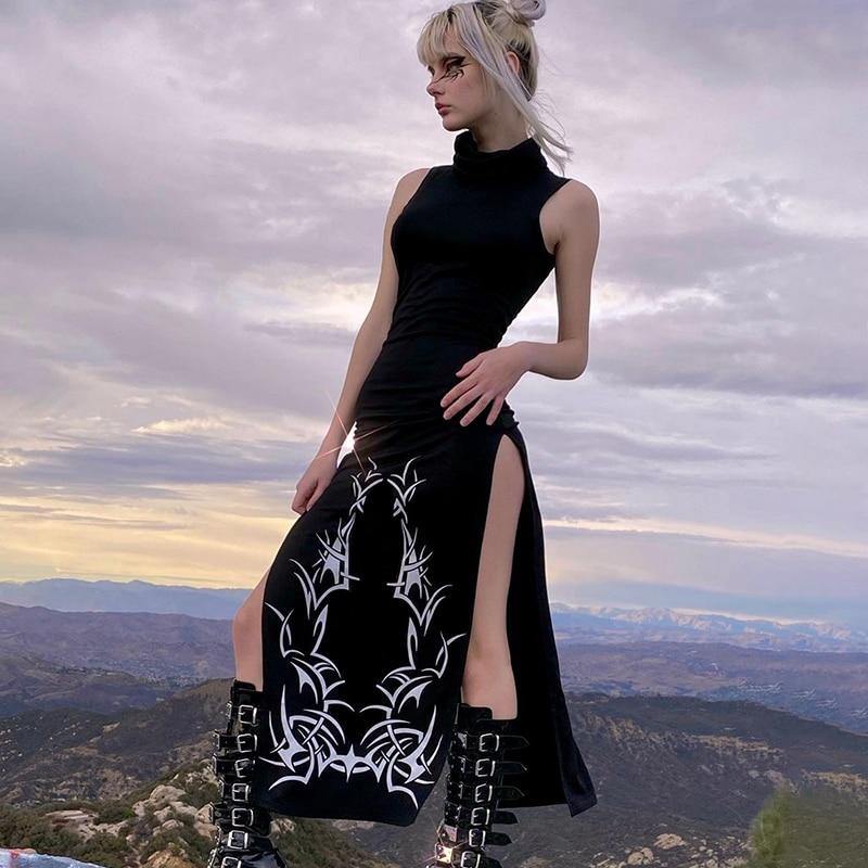 'Written Spells' Gothic Turtleneck Sleeveless MIDI Dress - AlielNosirrah